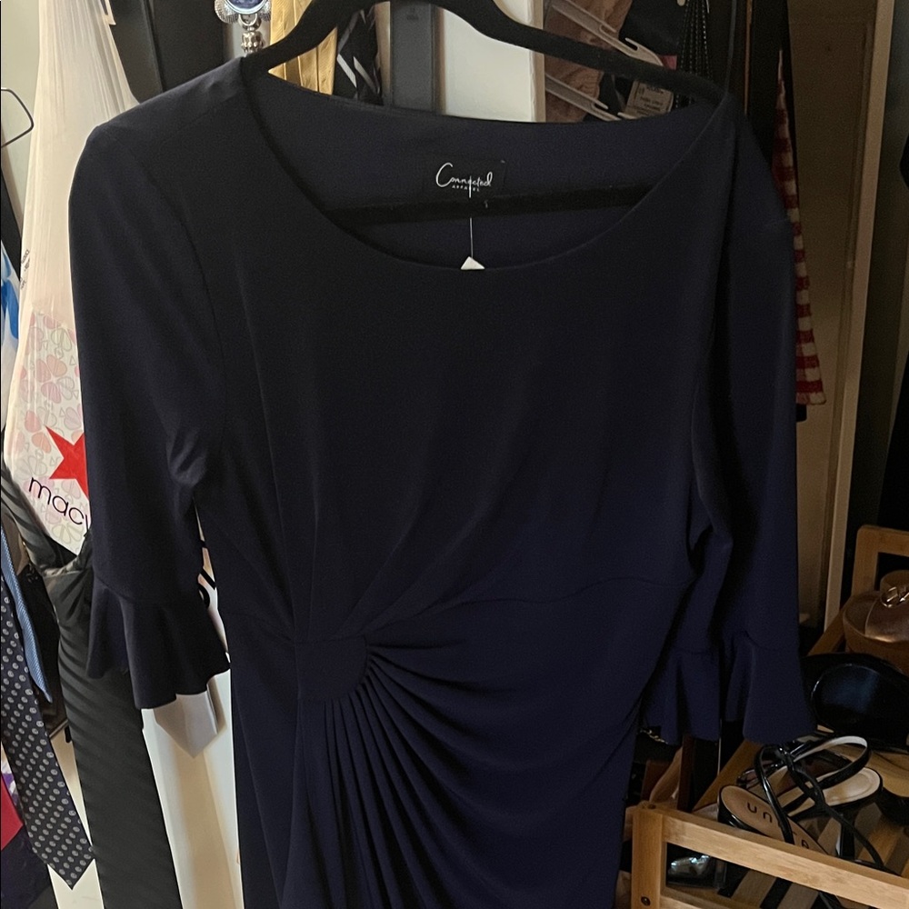 Connected apparel Navy Blue Dress with Ruffle Sleeves